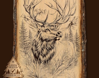 Bull Elk Mountain Scene Laser Engraving File, Wildlife Art PNG (10x15)
