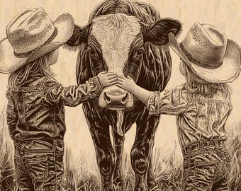 Cowgirl Kids with Cow, Western Art for Laser Engraving, Detailed Cowgirl and Calf Illustration, Farm Life, Digital Download, Laser Ready