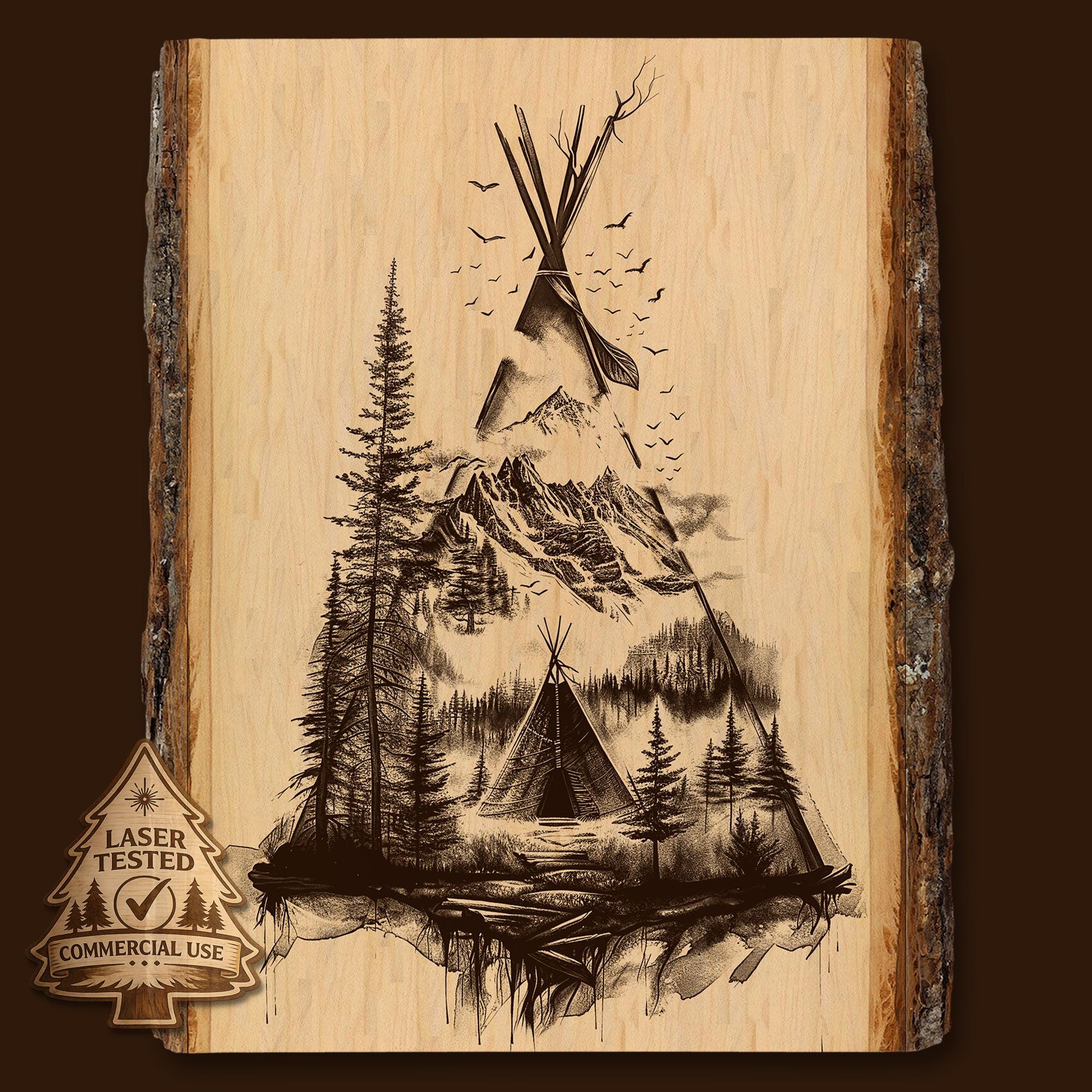 Teepee Laser Engrave File, Mountain and Forest Art, Tribal Lodge