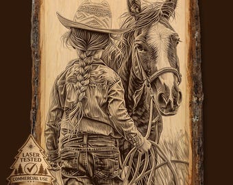 Cowgirl and Horse Laser Engraving File, Western Ranch Art PNG, Rustic Wall Decor Download