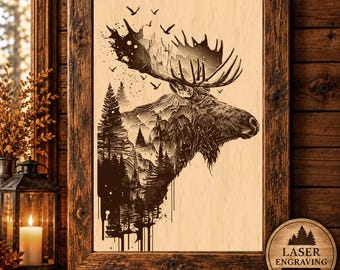 Moose and Waterfall Laser Engraving PNG, Mountain Wildlife Art