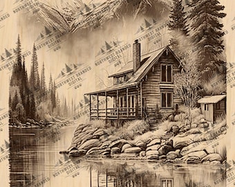 Laser Burn PNG | Cabin | Engrave | Laser Ready | Digital Design File | Mountains | wildlife | River