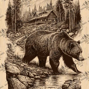 Grizzly Bear Forest Scene: Laser Engraving Wildlife Art (Digital Download)