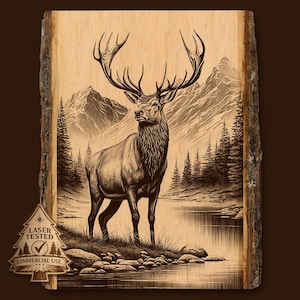 Elk Mountain Wildlife Laser Engraving PNG, Forest Animal Art image 1