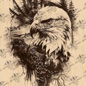 May include: A black and white illustration of an eagle with feathers on its head. The eagle is surrounded by trees and a mountain range in the background. The image is on a woodgrain background.