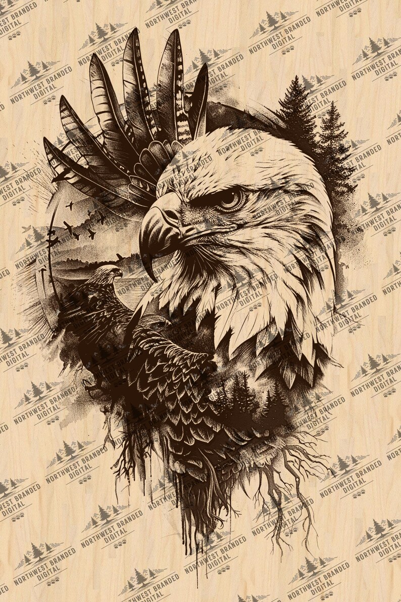 May include: A black and white illustration of an eagle with feathers on its head. The eagle is surrounded by trees and a mountain range in the background. The image is on a woodgrain background.