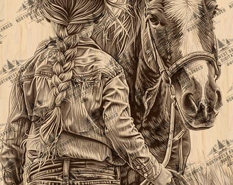 Laser Burn PNG | Cowgirl | Horse | Child | Laser Engrave File | Laser Ready | Digital Design File | Digital Download | Ranch | Farm