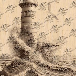 May include: A black and white illustration of a lighthouse standing tall against a backdrop of crashing waves. The lighthouse has a tall, cylindrical tower with a small, square base. The waves are depicted in a dynamic and realistic style, with foamy crests and swirling currents. The image is set against a background of a wooden surface.