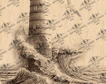 Lighthouse Laser Engraving Design, Ready to Engrave PNG & JPEG, Ocean Waves Art, Coastal Lighthouse Scene, Instant Digital Download