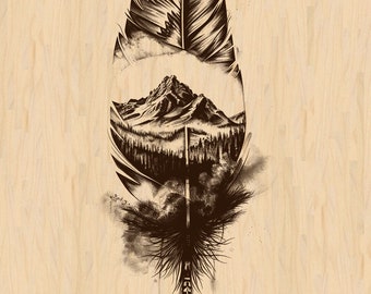 Peut inclure: Une illustration en noir et blanc d'une plume avec une chaîne de montagnes à l'intérieur. La plume est dessinée dans un style réaliste avec des lignes et des ombres détaillées.
