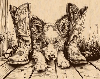 Laser Burn PNG | Dog | Cattle Dog | Cowboy Boots | Farm animal | Engrave | Laser Ready | Digital Design File |
