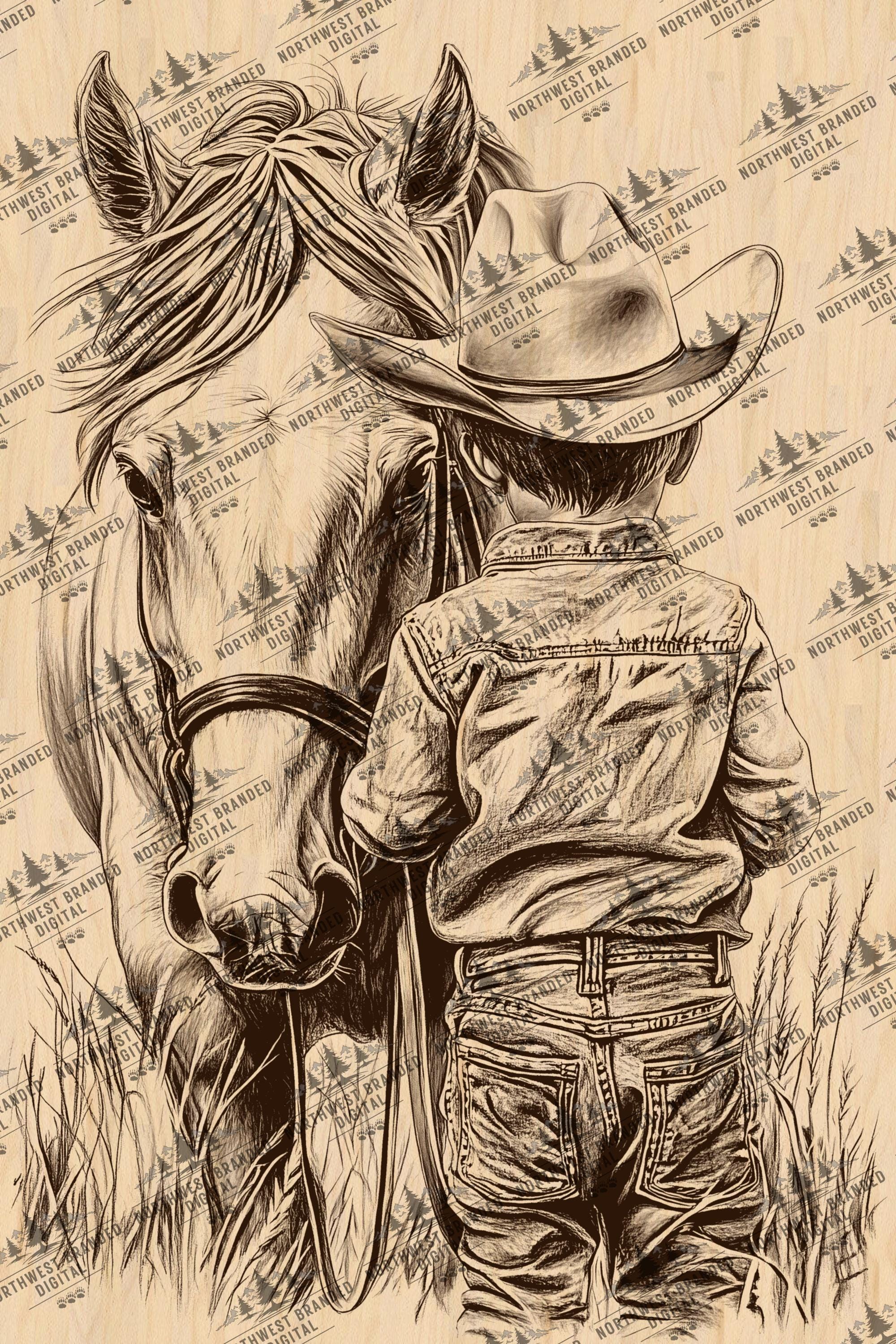 Archivo de grabado láser de vaquero y caballo: Arte rural del oeste (descarga digital)