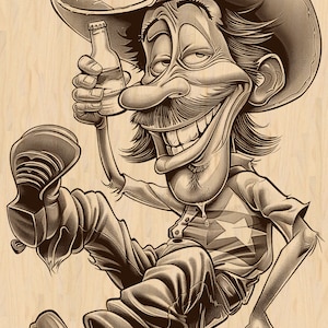 Funny Cowboy with Beer Laser Engraving, Western Caricature Art, Rustic Western Decor, Comical Cowboy Design, Digital Download for Engraving