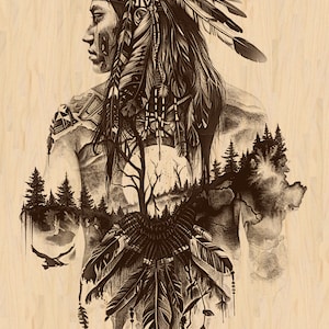 May include: A black and white illustration of a Native American man wearing a headdress with feathers. The man's face is partially obscured by the feathers, and he is looking to the side. The background is a forest scene with trees and a full moon.