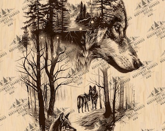 Wolf Double Exposure Laser Engraving File, Ready to Engrave PNG & JPEG, Wilderness Wolf Art, Forest Landscape Design, Instant Download