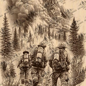 以下が含まれることがあります： 完全な装備をした消防士3人が、森の中を山道を行く。空は山火事の煙でいっぱいだ。シーンはヴィンテージスタイルで描かれている。