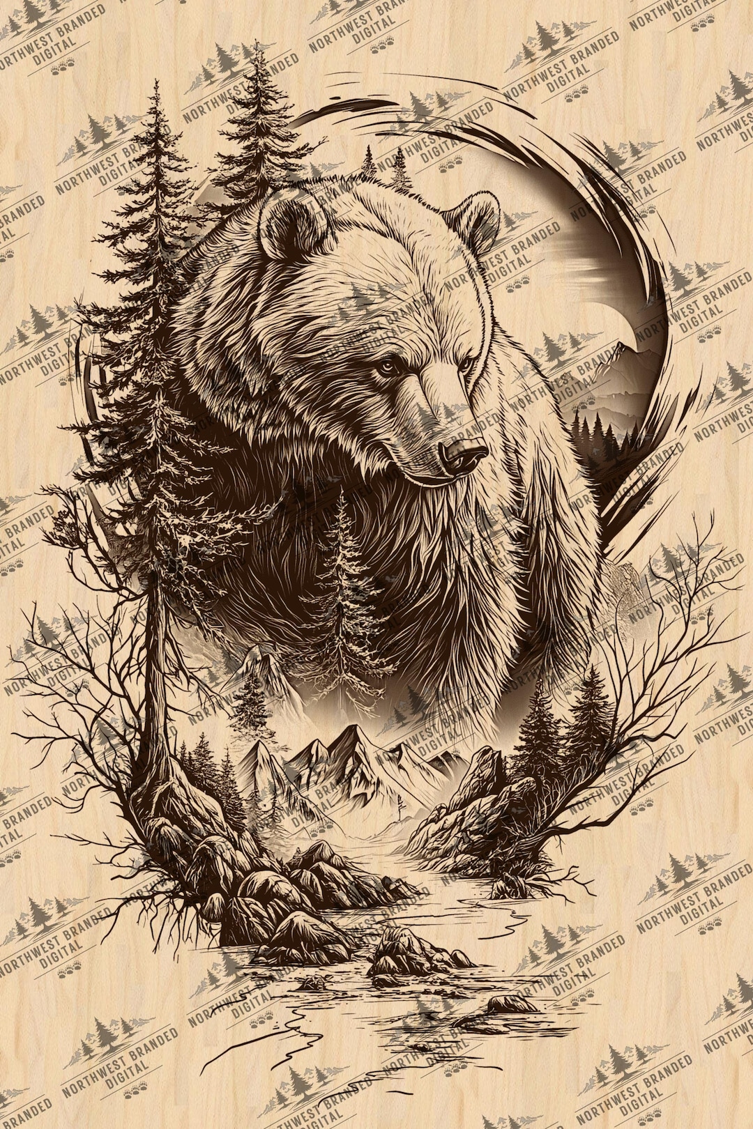 Bear Laser Engraving Design: Wildlife Mountain Scene (digital Download ...