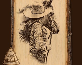 Cowgirl and Horse Laser Engraving File, Western Art Wood Design, Rustic Cowgirl PNG, Commercial Use