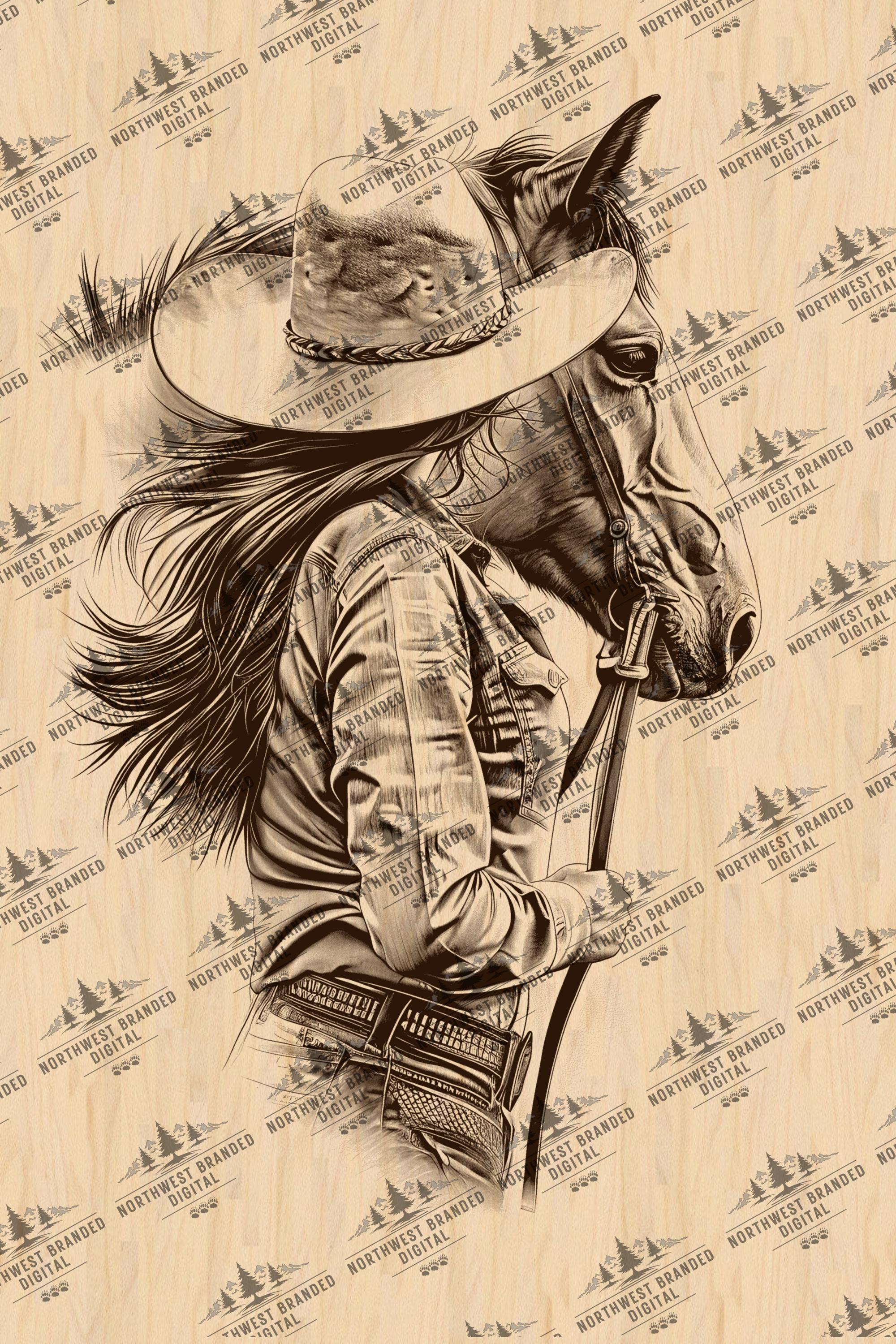 Cowgirl und Pferd Lasergravur Datei: Western Art (Digitaler Download)