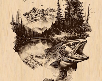Trout Fishing Laser Engrave PNG: Lake Scene Digital File