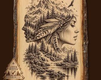 Peut inclure: Une tranche de bois rectangulaire avec une gravure laser représentant une personne portant une coiffe à plumes, avec un effet de double exposition montrant des montagnes, des forêts de pins, une cascade et un lac. Une étiquette en forme d'arbre indique LASER TESTED COMMERCIAL USE.