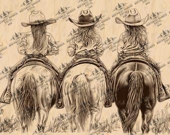 Cowgirls on Horses Laser Engraving File: Rustic Western Art (Digital Download)