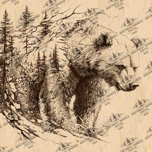 Double Exposure Bear Laser Engraving File: Forest Scene (PNG & JPEG)