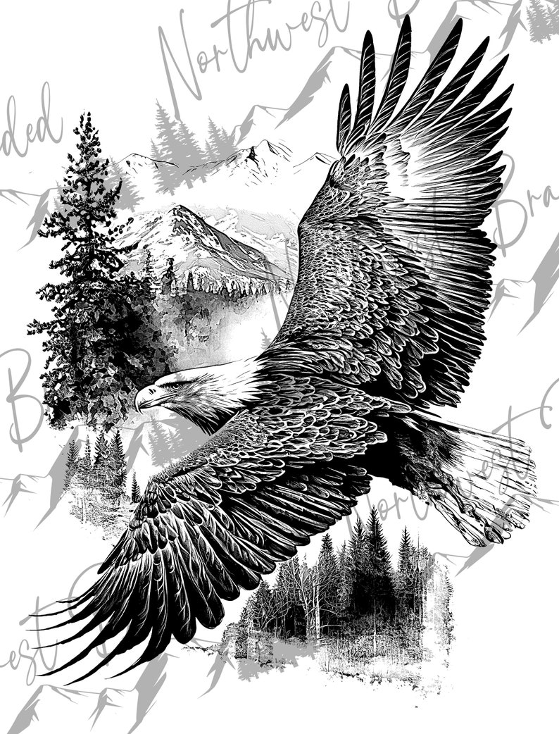 Eagle Mountain PNG Beautiful Flying Eagle and Forest Engrave File