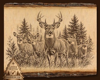 May include: A rectangular wooden plaque with live edges featuring a laser-engraved illustration of a buck and four does standing in a forest. A small tree-shaped emblem in the corner displays the text Laser Tested Commercial Use.