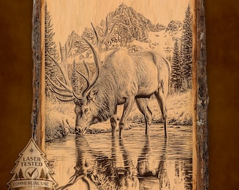 Elk Laser Engraving File, Ready To Engrave PNG & JPEG, Mountain River Wildlife, Cabin Scene, Instant Download