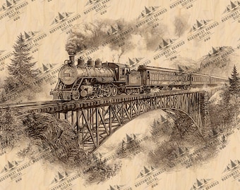 Op de afbeelding: Een sepia-getinte illustratie van een stoomtrein die een houten vakwerkbrug oversteekt. De trein, met zijn gedetailleerde locomotief en passagierswagons, wordt afgebeeld met opwervelende rook tegen een achtergrond van bergen en bomen. De afbeelding heeft een vintage esthetiek.
