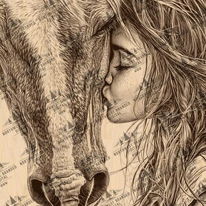 May include: A black and white line art drawing of a horse and a woman's face. The horse is leaning its head down to touch the woman's face. The woman has long hair and is wearing a jacket. The drawing is on a wood background with the text "Northwest Branded Digital" repeated throughout.