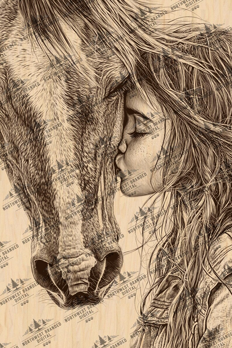 May include: A black and white line art drawing of a horse and a woman's face. The horse is leaning its head down to touch the woman's face. The woman has long hair and is wearing a jacket. The drawing is on a wood background with the text "Northwest Branded Digital" repeated throughout.