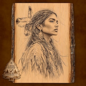 May include: Laser-engraved portrait of a Native American woman on a wooden plaque. The artwork features intricate details of her face, hair, and traditional attire, including feathers and jewelry. The wood has a natural edge and the text "LASER TESTED COMMERCIAL USE".
