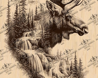 Moose and Waterfall Laser Engraving File, Ready to Engrave PNG & JPEG, Woodland Wildlife Design, Rustic Nature Art, Instant Digital Download