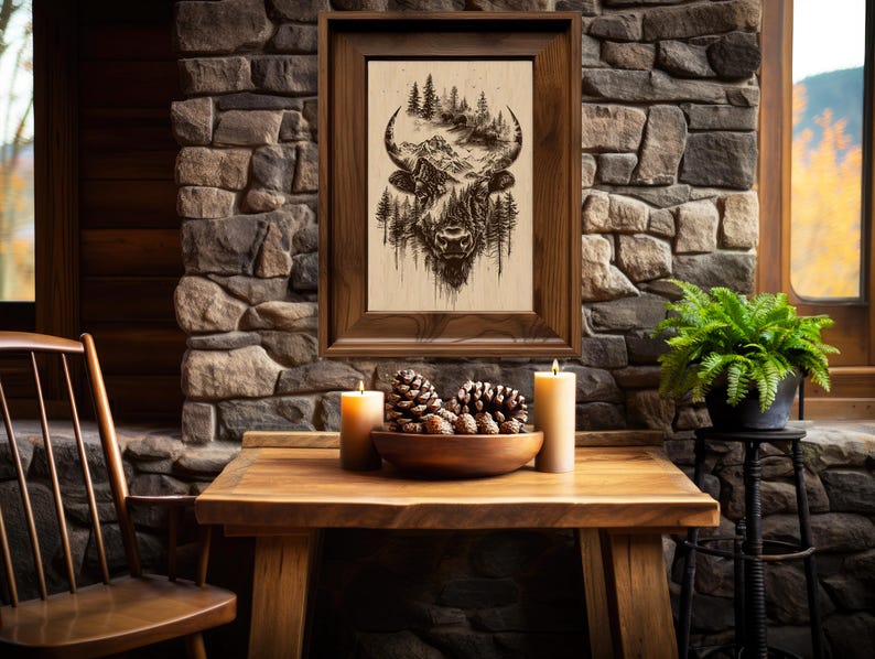 Bison and Mountain Scene Laser Engraving, Nature Wildlife Art, Detailed