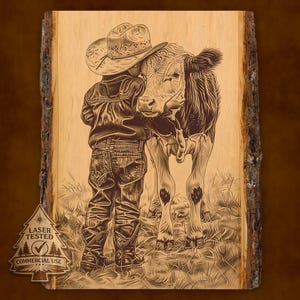 Cowboy and Calf Laser Engraving File, Western Farm Scene Art PNG, Rustic Ranch Download