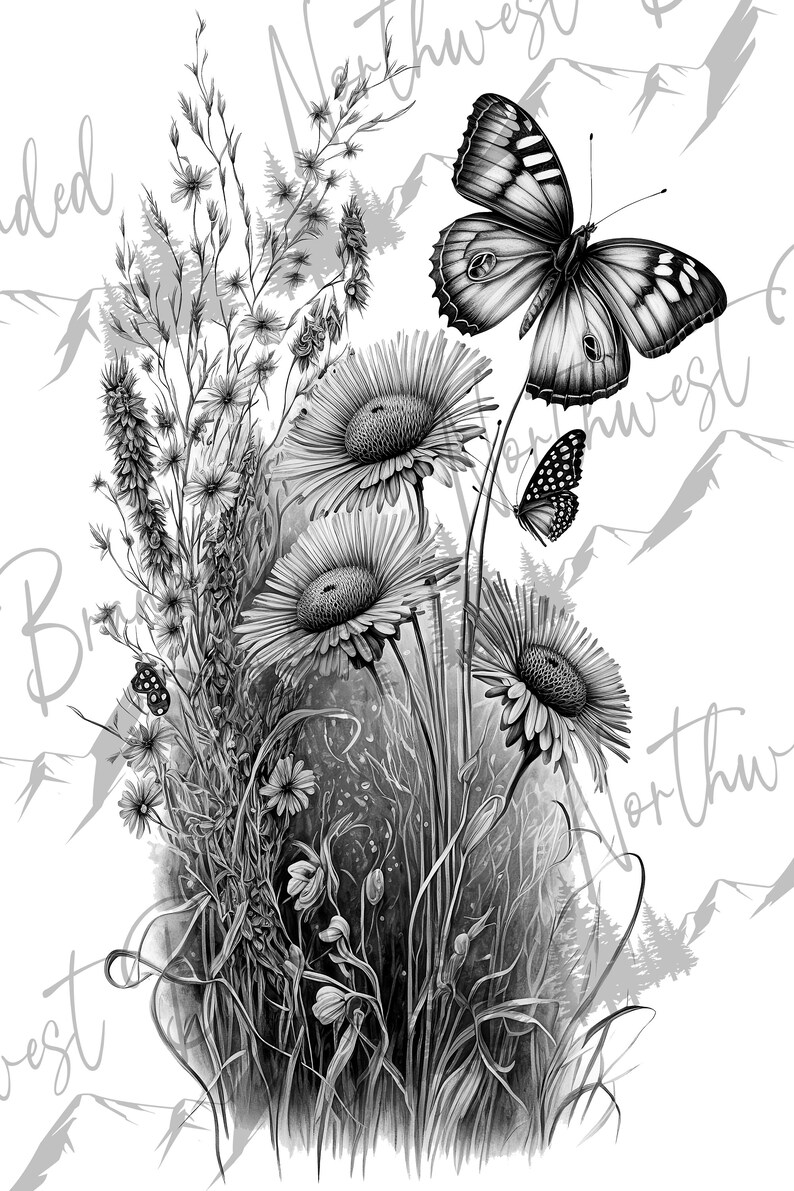 Butterfly and Wildflowers Laser Engraving, Nature Art, Detailed Floral