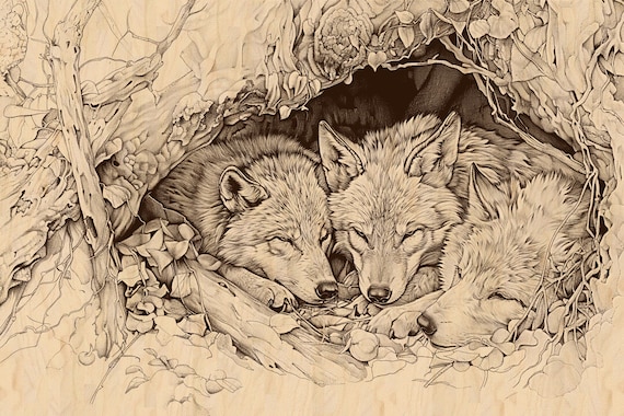 ウルフパックレーザー彫刻デザイン：野生動物の巣穴 PNG JPEG