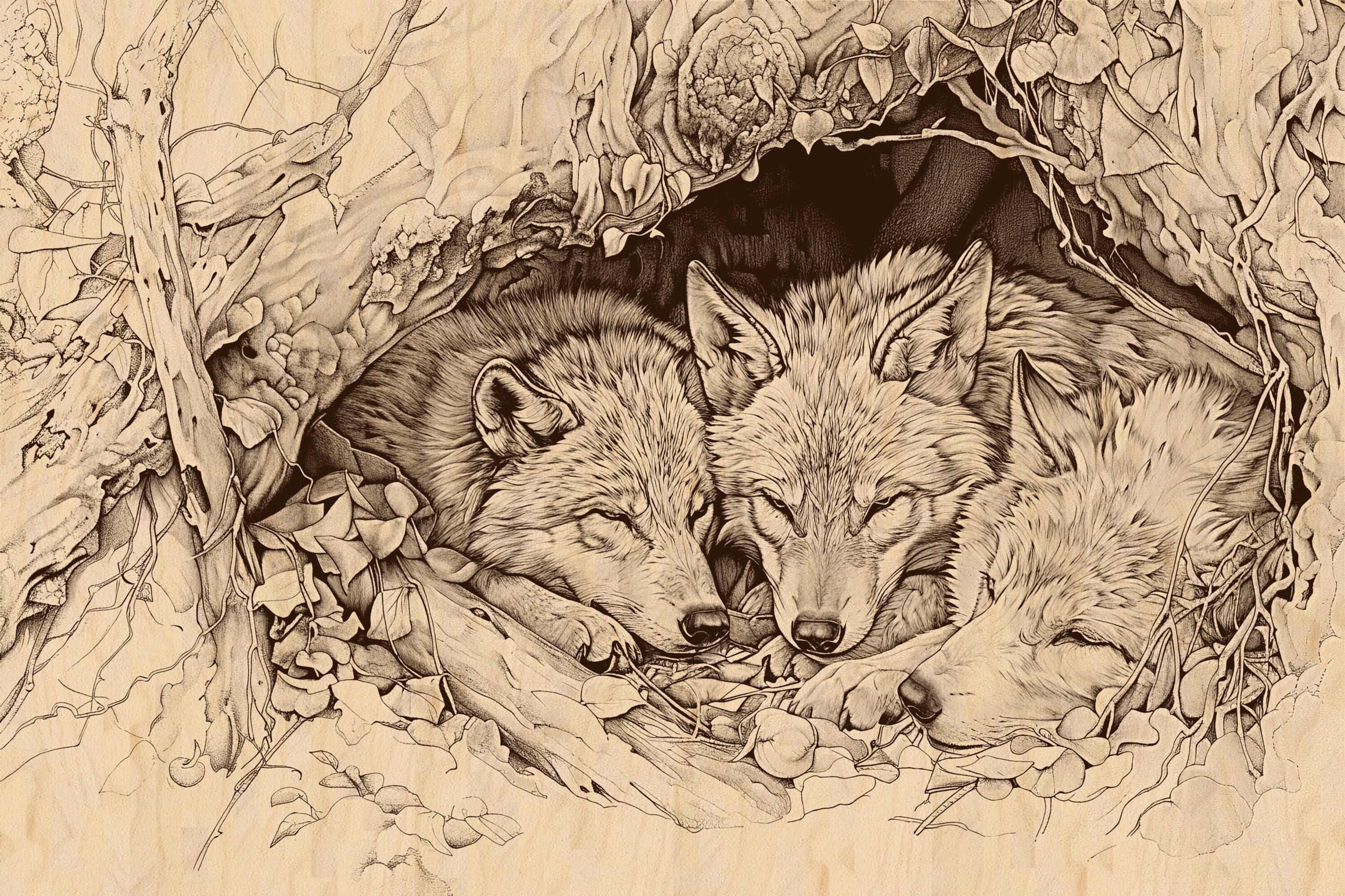 Wolf Pack Laser Engraving Design: Wildlife Den PNG JPEG (digital