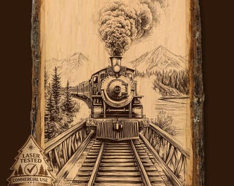 Treingravurebestand voor lasergravure, stoommachine, PNG digitale download, Railroad Wildlife Art