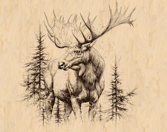 May include: A black and white line drawing of a moose with large antlers standing in a forest. The moose is looking to the right of the image. The background is a light brown wood grain.