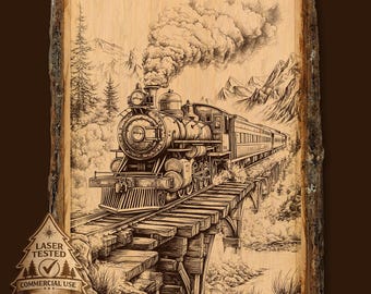 Gravurebestand stoomtrein voor lasergravure, spoorweg, png digitale download, vintage locomotiefkunst
