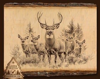 Whitetail Deer Laser Engraving File, Buck and Doe Wildlife Scene PNG, Rustic Cabin Wall Art Download