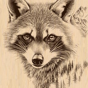 Raccoon Laser Engraving Design, Mountain Forest Raccoon Illustration, Rustic Wildlife Art, Woodland Nature Wall Art, PNG File