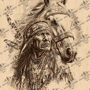 May include: A black and white illustration of a Native American man with long hair and a feathered headdress, looking to the side. He is wearing a beaded necklace and a headband. He is standing next to a white horse with a bridle and a feathered headdress.