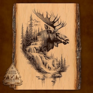 Archivo de grabado láser de alce y cascada: Arte rústico de la vida silvestre (descarga digital)