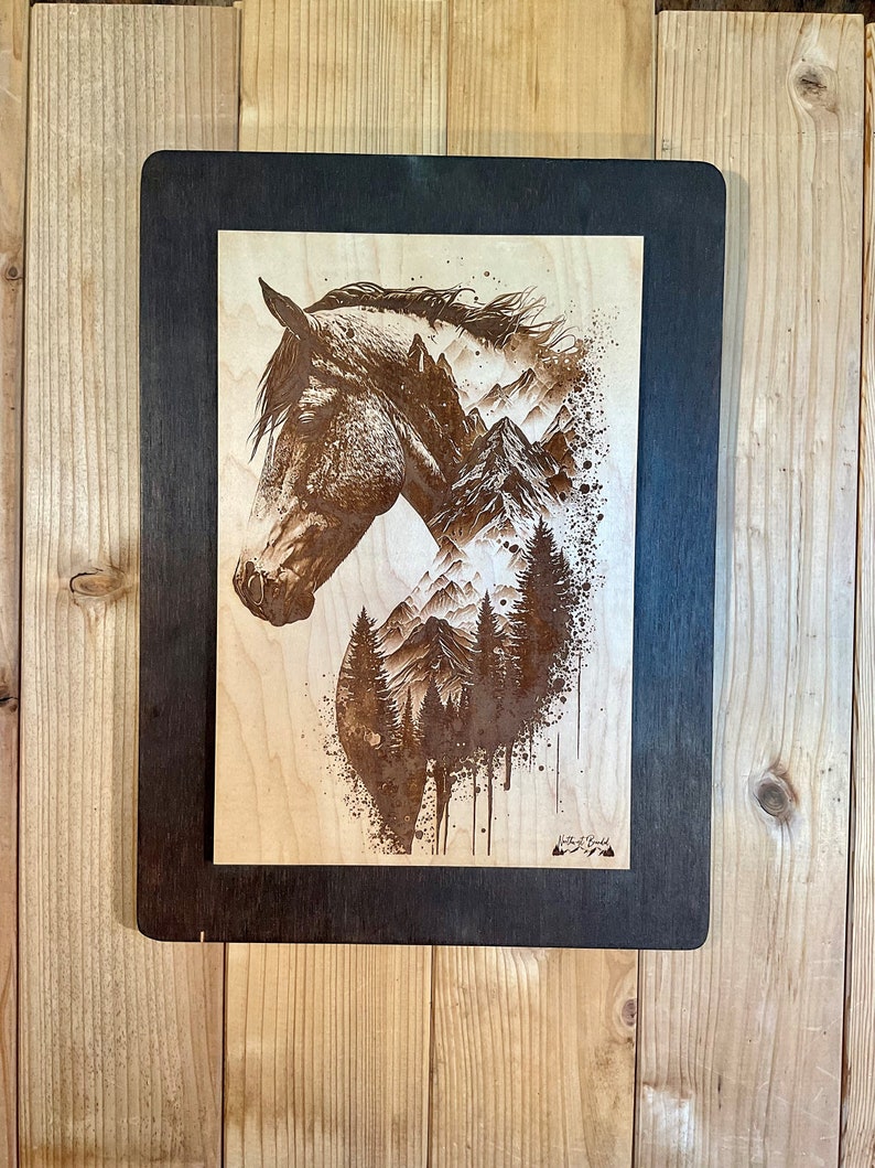 Horse and Mountain Laser Engraving, Nature Wildlife Art, Detailed Horse