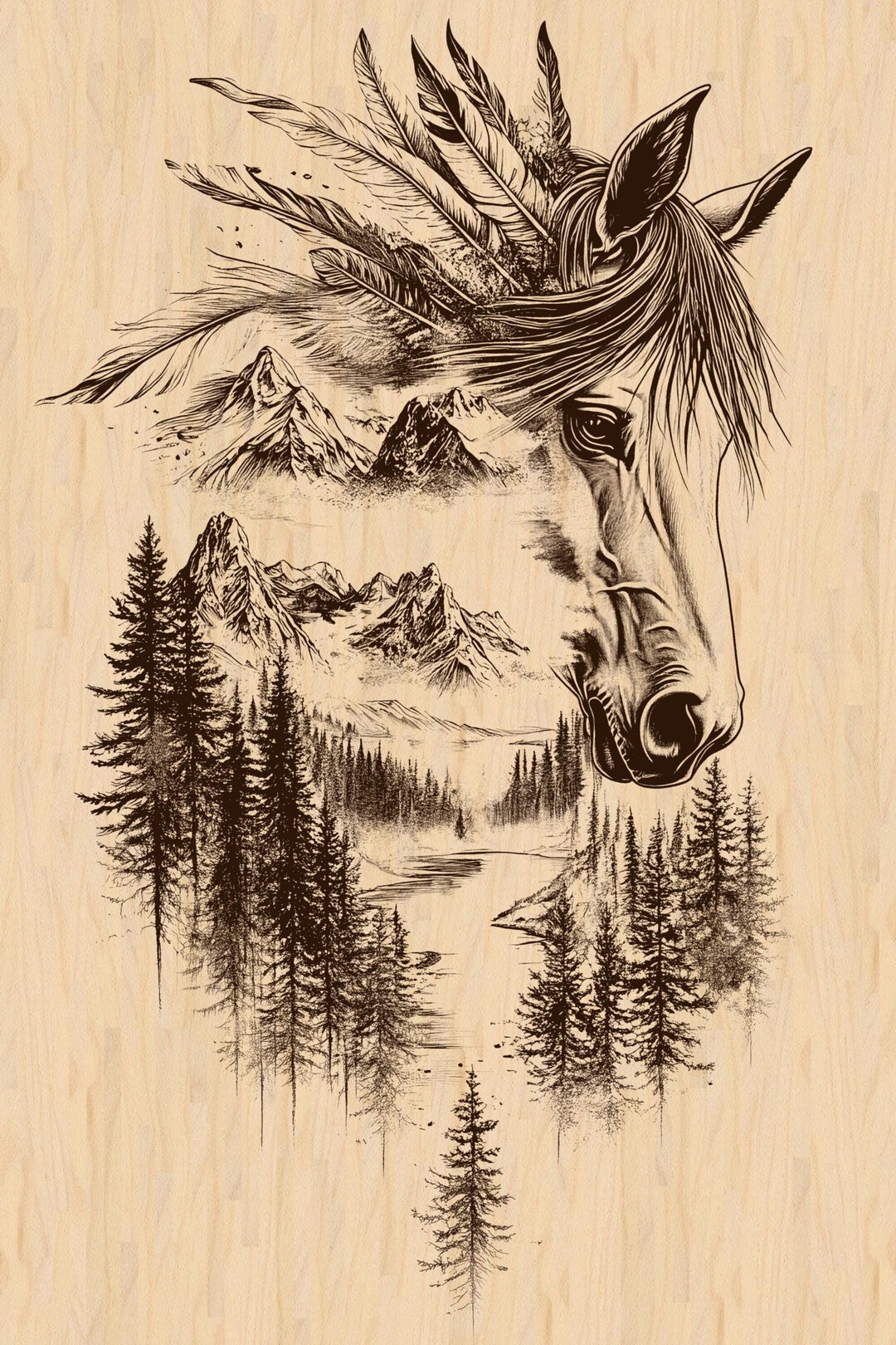 Horse Double Exposure Art: Feather Mountain Landscape (digital Download ...