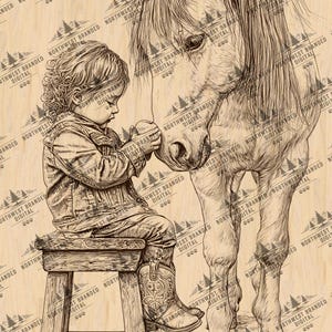 Puede incluir: Un boceto detallado representa a un niño con una chaqueta vaquera y botas de vaquero sentado en un taburete de madera, interactuando con un gran caballo. La cabeza del caballo está cerca del niño, creando un momento tierno. La obra de arte está sobre un fondo de vetas de madera clara.